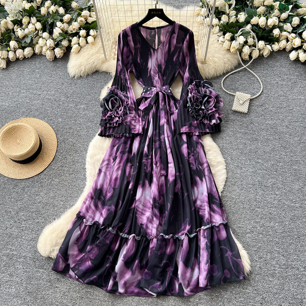 French printing women's long sleevesstereo flower v neck waist dress slimming look holiday style long skirtelegant