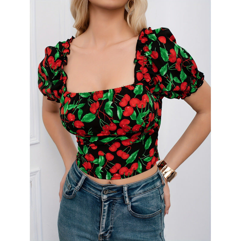 cross-border listing:  new fashion floral square neck elegant vacation top