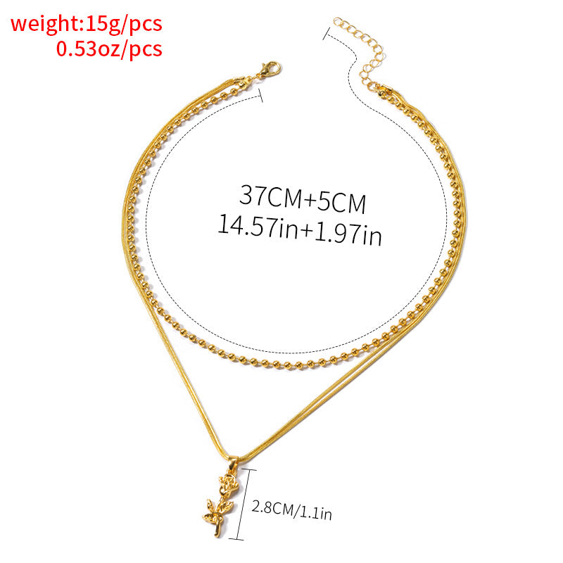 European and american cross-border statement jewelry fashion rose flower pendant high-end beaded chain women's double layer necklace jewelry wholesale