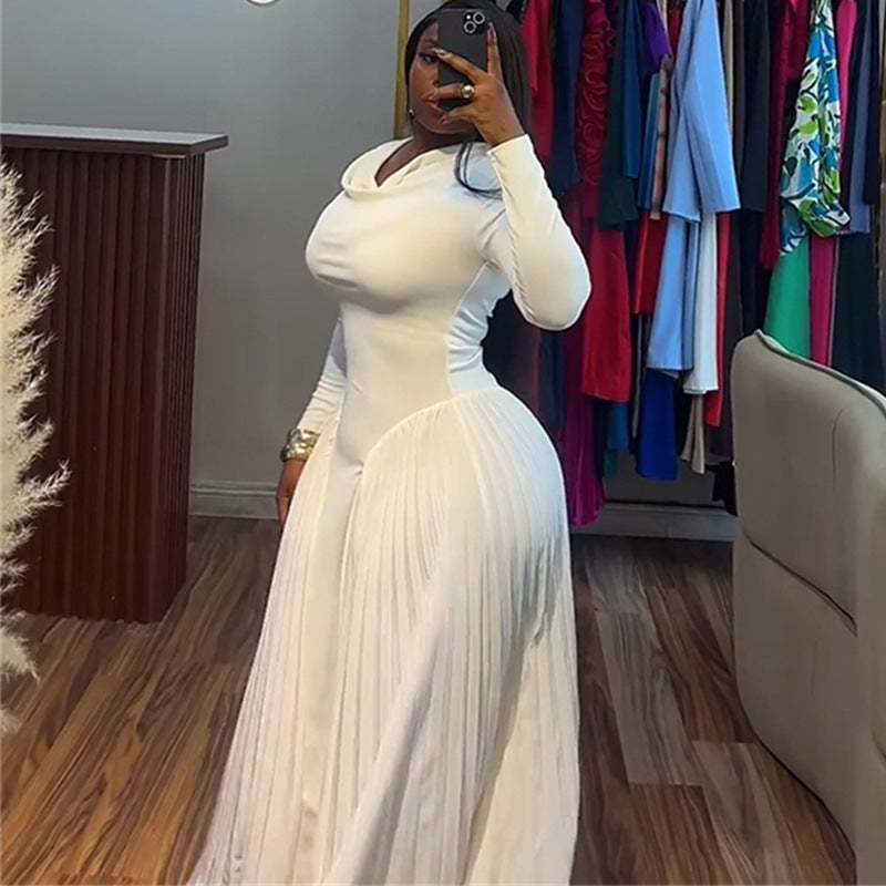 European and american cross-border women's fashion:  summer new arrival - elegant scalloped neck, figure-flattering, slimming a-line long sleeve dress