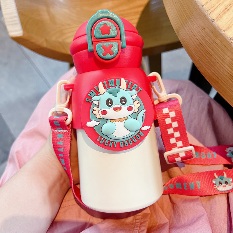 Cartoon cute double-drink kids' thermos cup - 316 stainless steel, food-grade, high-style, portable straw cup