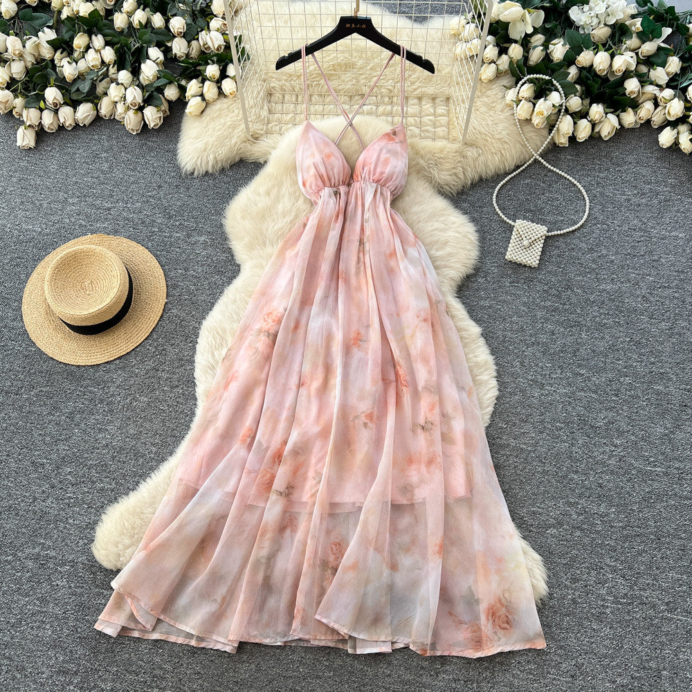 French holiday style halter suspender dress women's summer large backless sleeveless waist rufflesprinting long skirt
