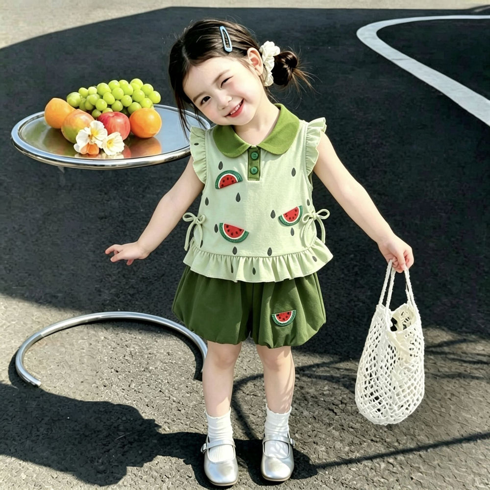 Fresh green baby summer outfit set - cute fruit watermelon pattern sleeveless summer suit for girls - summer  collection