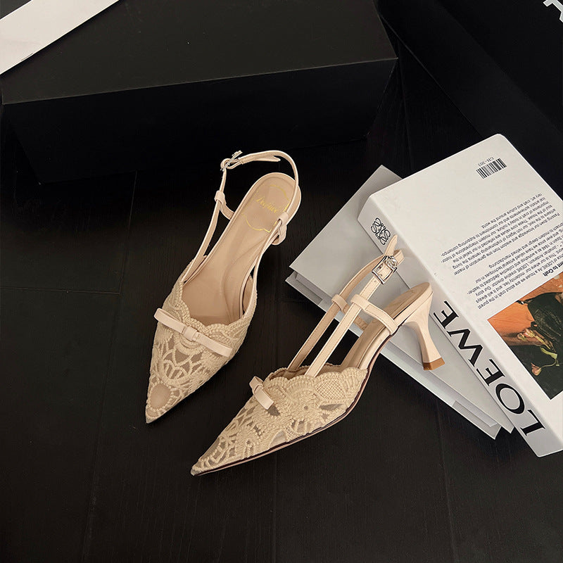 French pointed-toe lace bow heeled sandals - women's stiletto closed-toe slingbacks - elegant style - new 2026 collection