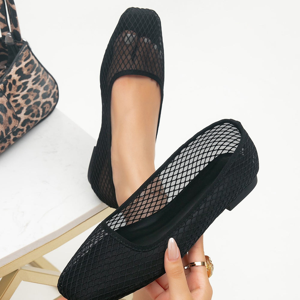 Women's breathable black mesh square toe flats - lightweight low heel casual shoes - comfortable footwear wholesale