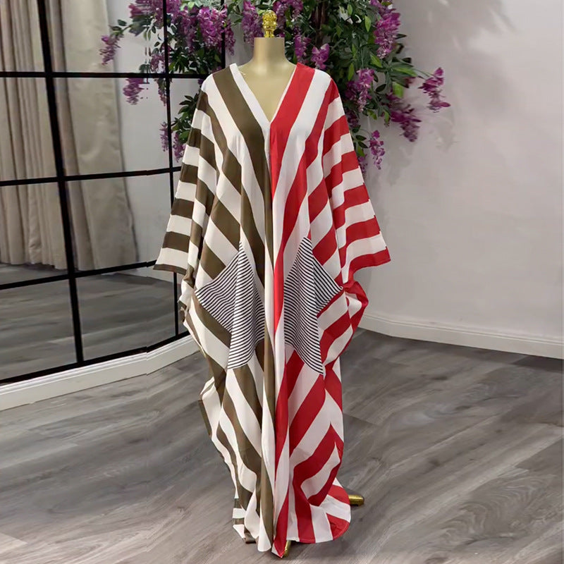 European and american cross-border women's clothing:  spring new arrival - casual plus size loose v-neck striped backless dress with large pockets