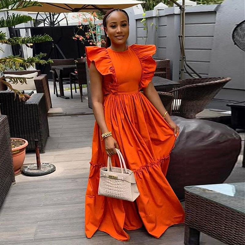 European and american cross-border women's fashion:  summer new arrival - elegant ruffle-trimmed short-sleeve round neck, waist-defining, long, flared dress
