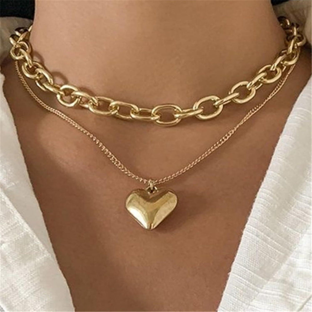 Amazon cross-border heart-shaped pendant necklace layered cuban chain clavicle chain fashioncasual popular jewelry new arrival for women