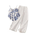 Girls' two-piece set:  spring/summer new french print irregular hem cami top and lace wide-leg pants
