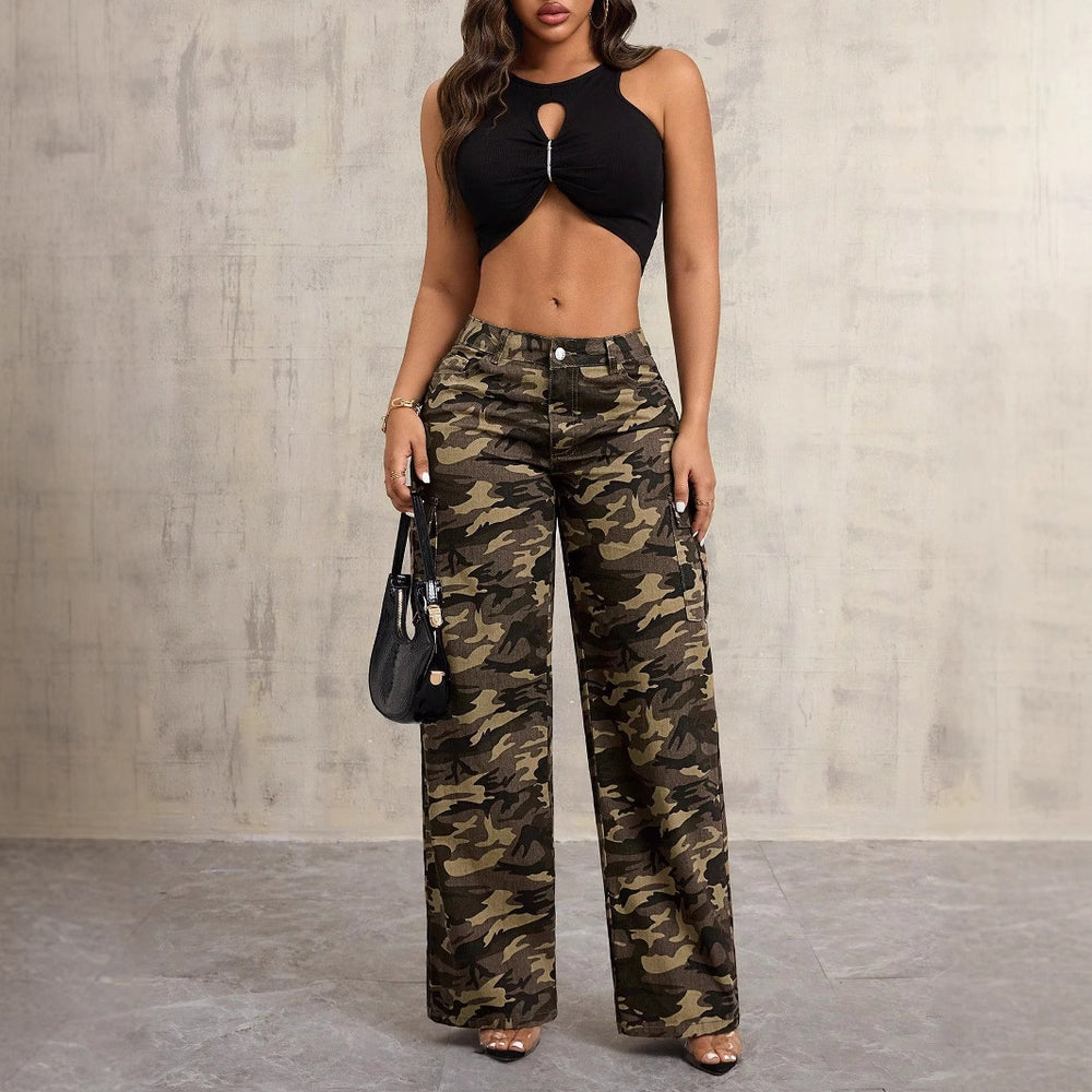 Pre-sale 65762#  cross-border women's clothing european and american foreign trade ins camouflage trendy brand straight wide-leg overalls