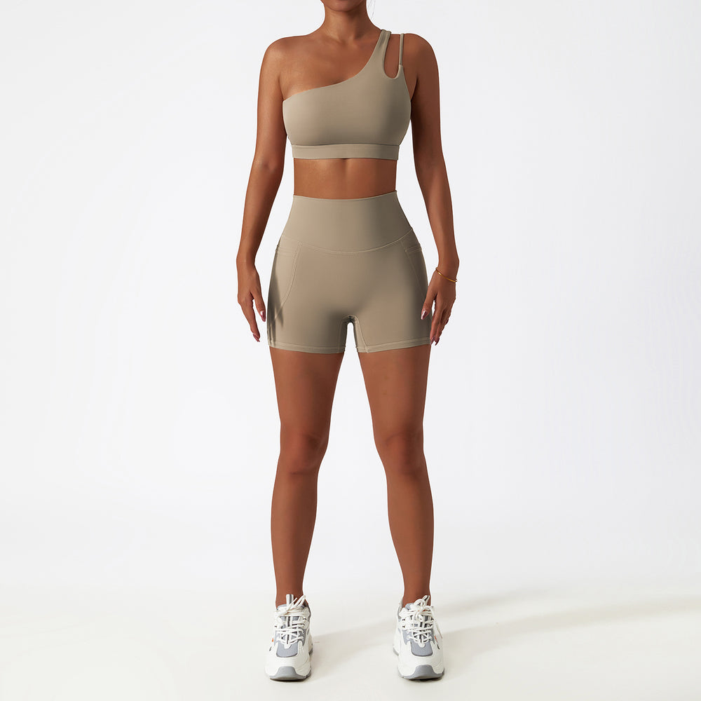 breathable quick-drying tight-fitting yoga clothes flap pocket pants running sports suit diagonal shoulder naked fitness suit6425