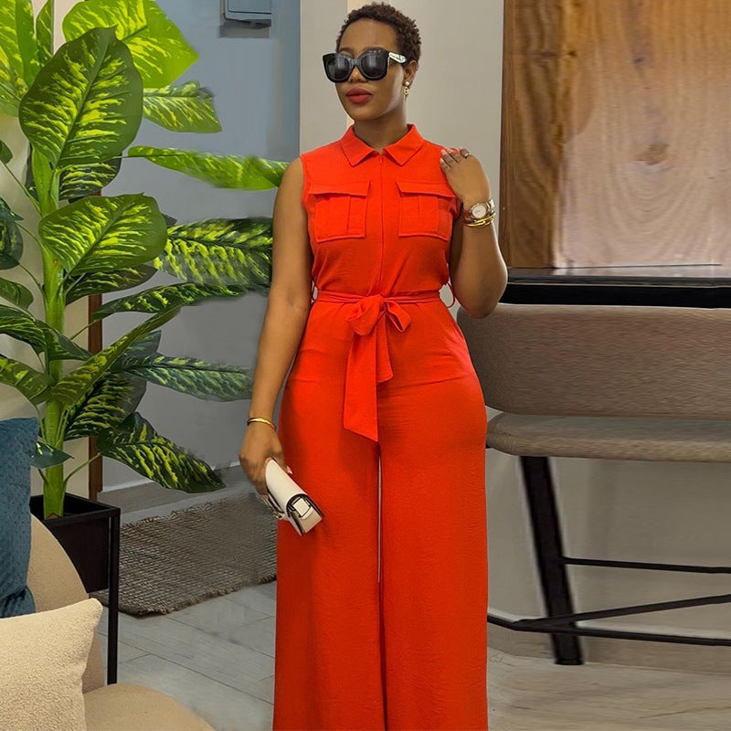 Ready-to-ship european and american women's clothing:  summer new arrival - turn-down collar, pocketed, cinched waist, loose wide-leg sleeveless jumpsuit