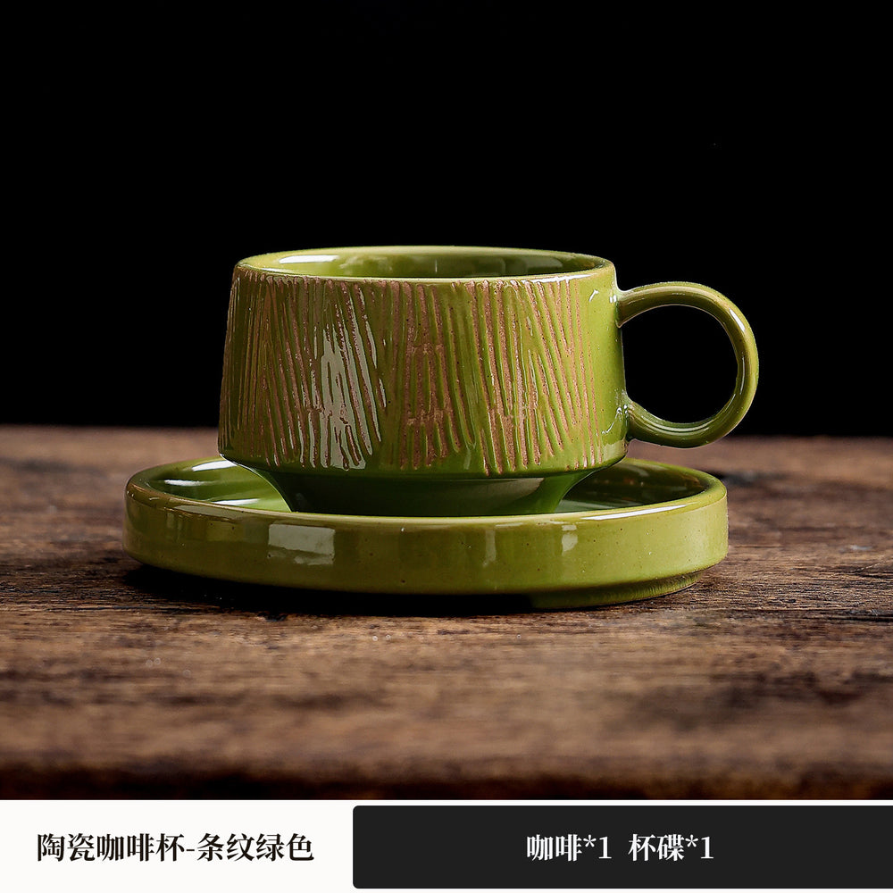 Vintage chic ceramic mug and saucer set - high-style afternoon tea, milk, and coffee cups - rustic pottery, japanese-style hand-painted ceramic mugs and water cups