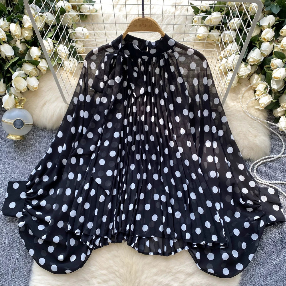 Export royal sister fashion style topsblousefashionbows strap lantern sleeves polka dot lantern sleeves shirt