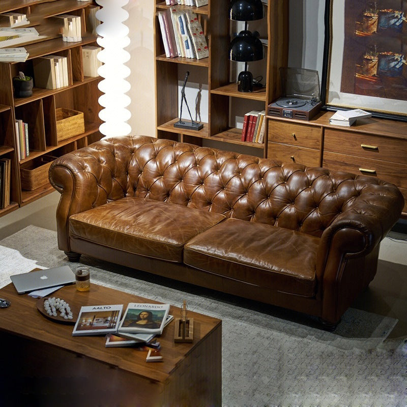 American classic retro genuine leather sofa - perfect for living rooms, small to large apartments, cigar rooms, private wine cellars, wineries, and mid-century modern styles