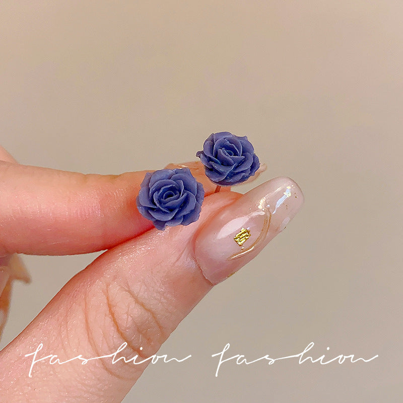 Pink rose flower silver needle stud earrings - minimalist, dainty, elegant, and exquisite. a luxurious, niche, and high-end design