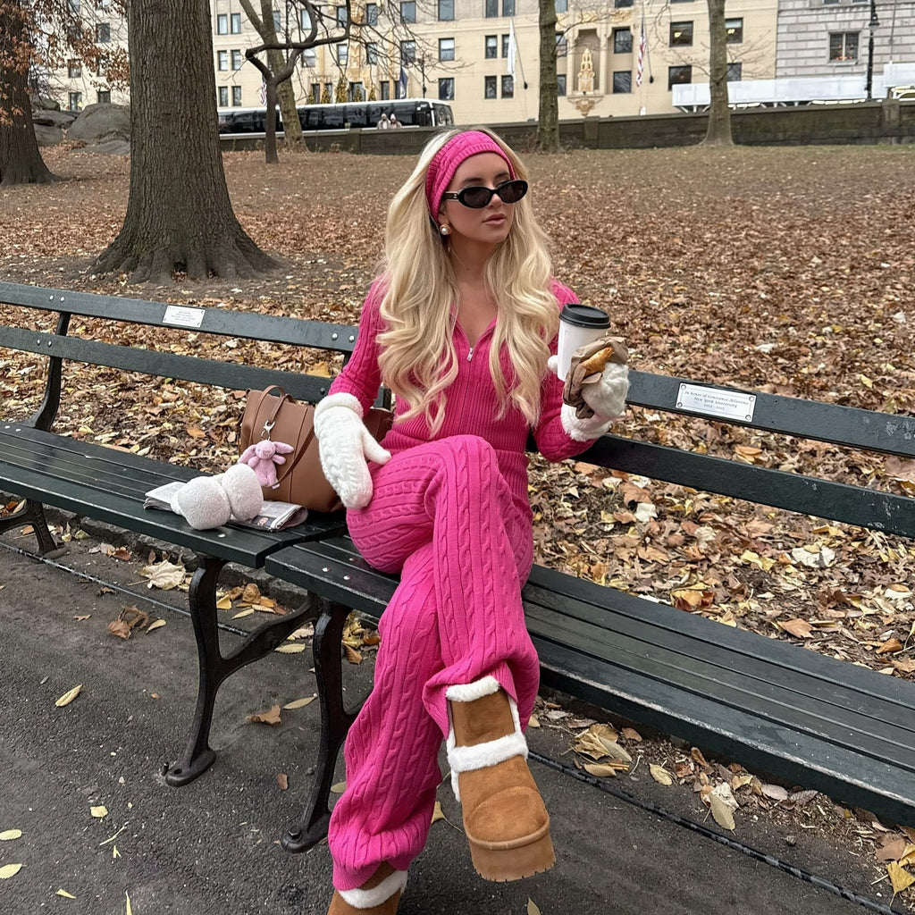 Europe, America 2025 Independent Station Sweater Two-piece Set Casual Comfortable Lapel Long Sleeve Cardigan Straight Pants Knitted Set