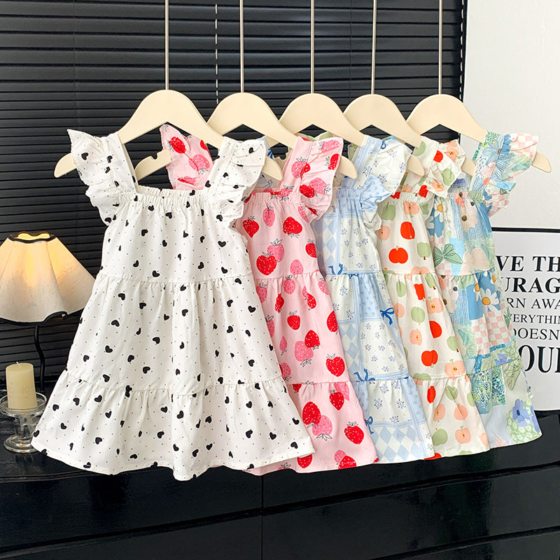 [family wear] children's cotton silk suspender dress sleeveless cake skirt summer thin flying sleeve western style floral skirt