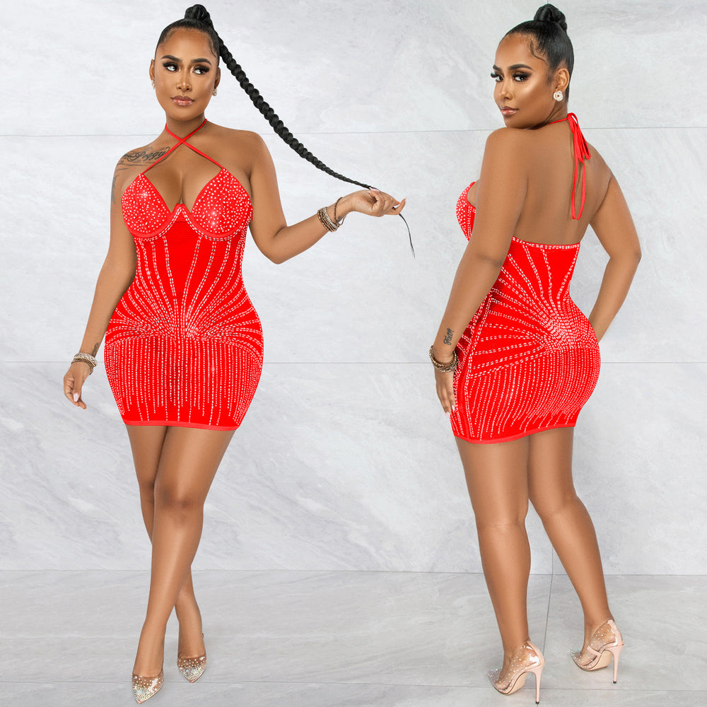 X5653    fashion sexy halter wrap chest rhinestone mesh see-through midi dress