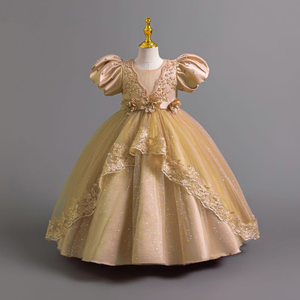 Ready-to-ship wholesale princess dresses with puff sleeves and lace detailing, perfect for children's formal wear, birthdays, piano recitals, and performances. kids' dresses