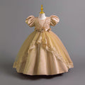 Ready-to-ship wholesale princess dresses with puff sleeves and lace detailing, perfect for children's formal wear, birthdays, piano recitals, and performances. kids' dresses