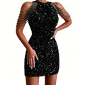 spring new european and american style sexy fashion halter neck off-shoulder tassel bodycon crystal sequin dress