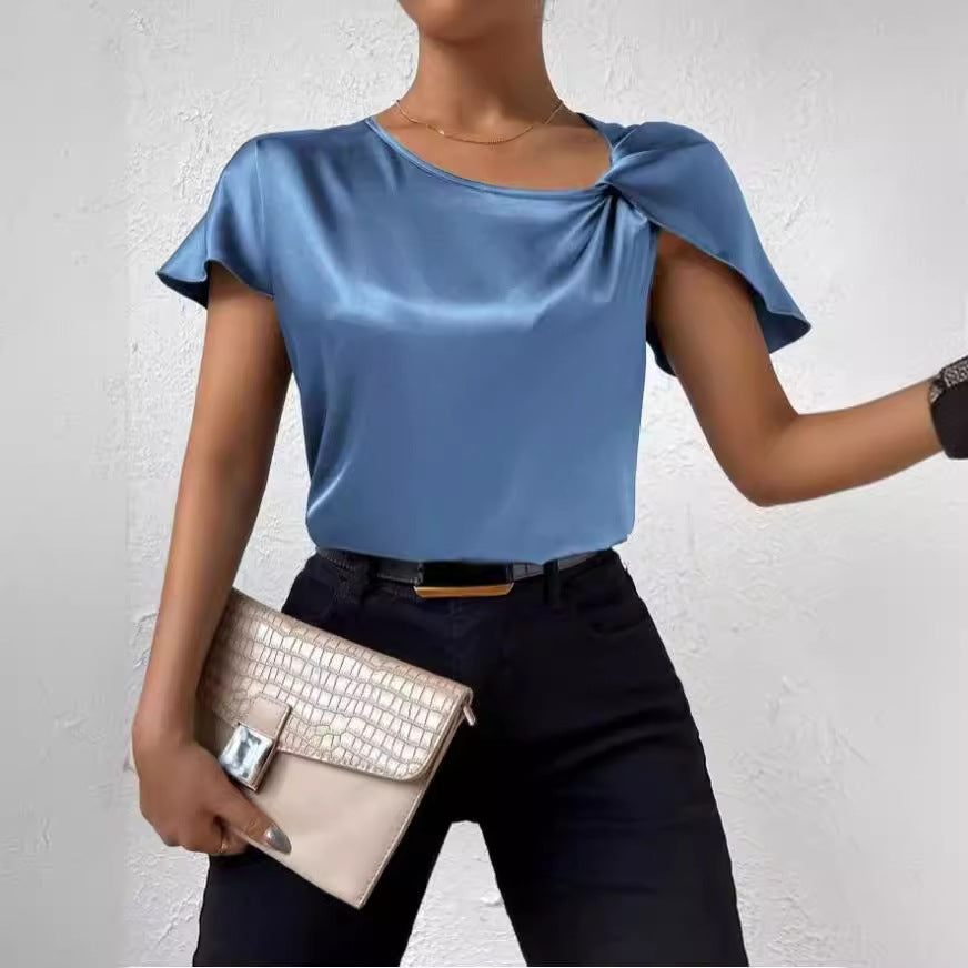 european and american export cross-border supply summer satin short-sleeve top - satin twist knot solid color loose fit versatile women's top