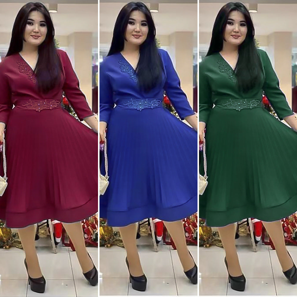 African women's clothing ebey   european and american foreign trade plus size new fresh sweet v-neck pleated skirt