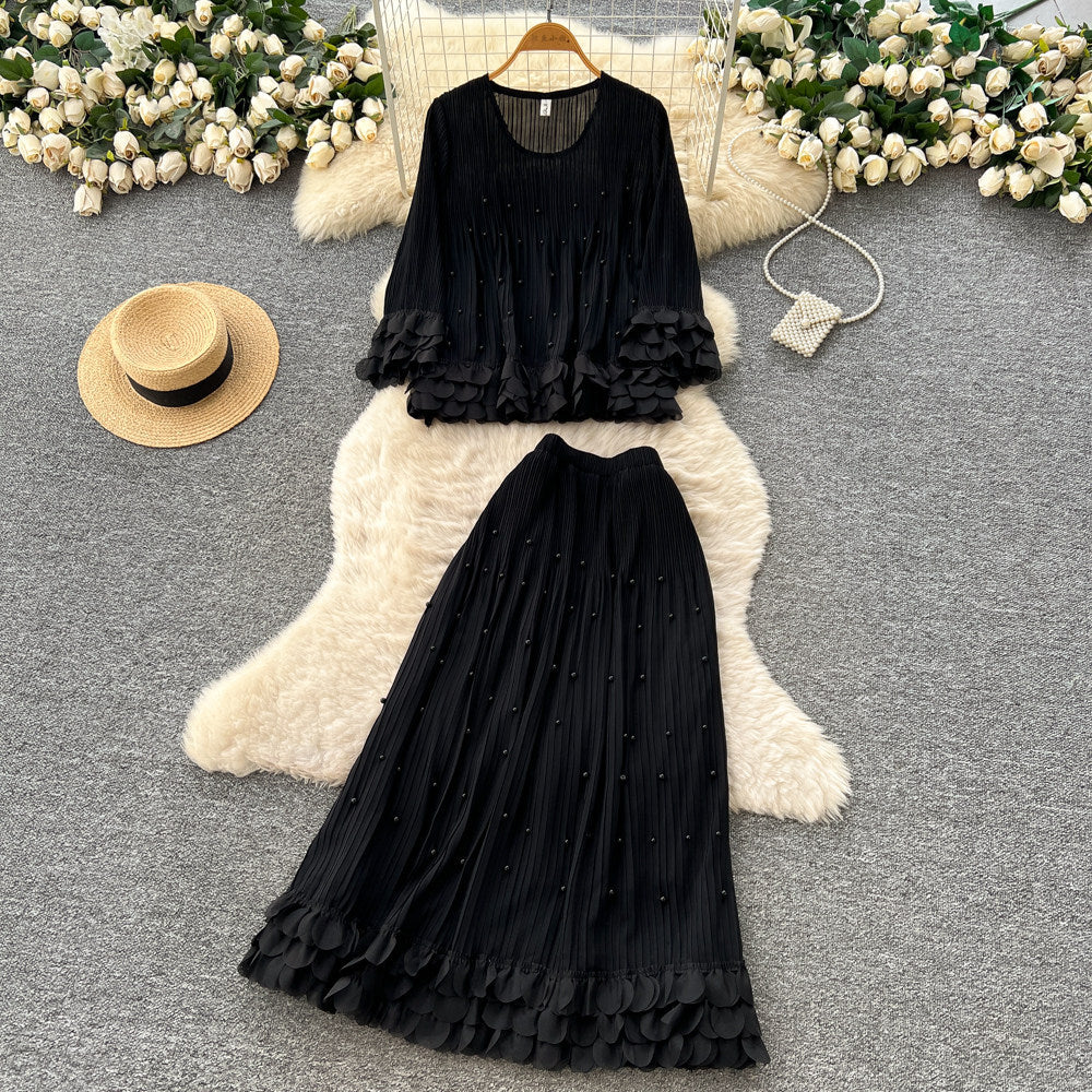 French chic ruffle-trimmed, beaded long-sleeve top and midi skirt set - autumn elegance for women