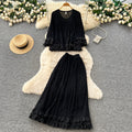 French chic ruffle-trimmed, beaded long-sleeve top and midi skirt set - autumn elegance for women