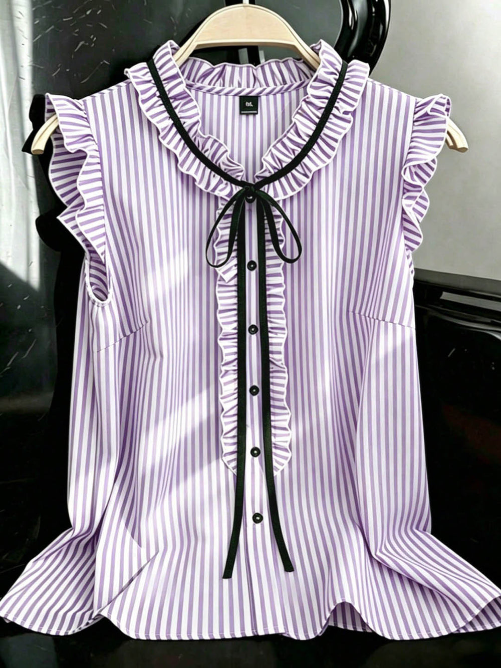 Export gentle wind stripesplus size shirt lotus leaf flying sleeves v neck black ribbon bowsslimming look sleeveless tops