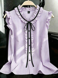 Export gentle wind stripesplus size shirt lotus leaf flying sleeves v neck black ribbon bowsslimming look sleeveless tops