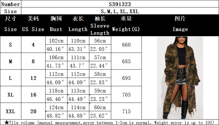 S391323 Cross-border European and American Independent Station  European and American women's clothing hole personality camouflage long trench coat