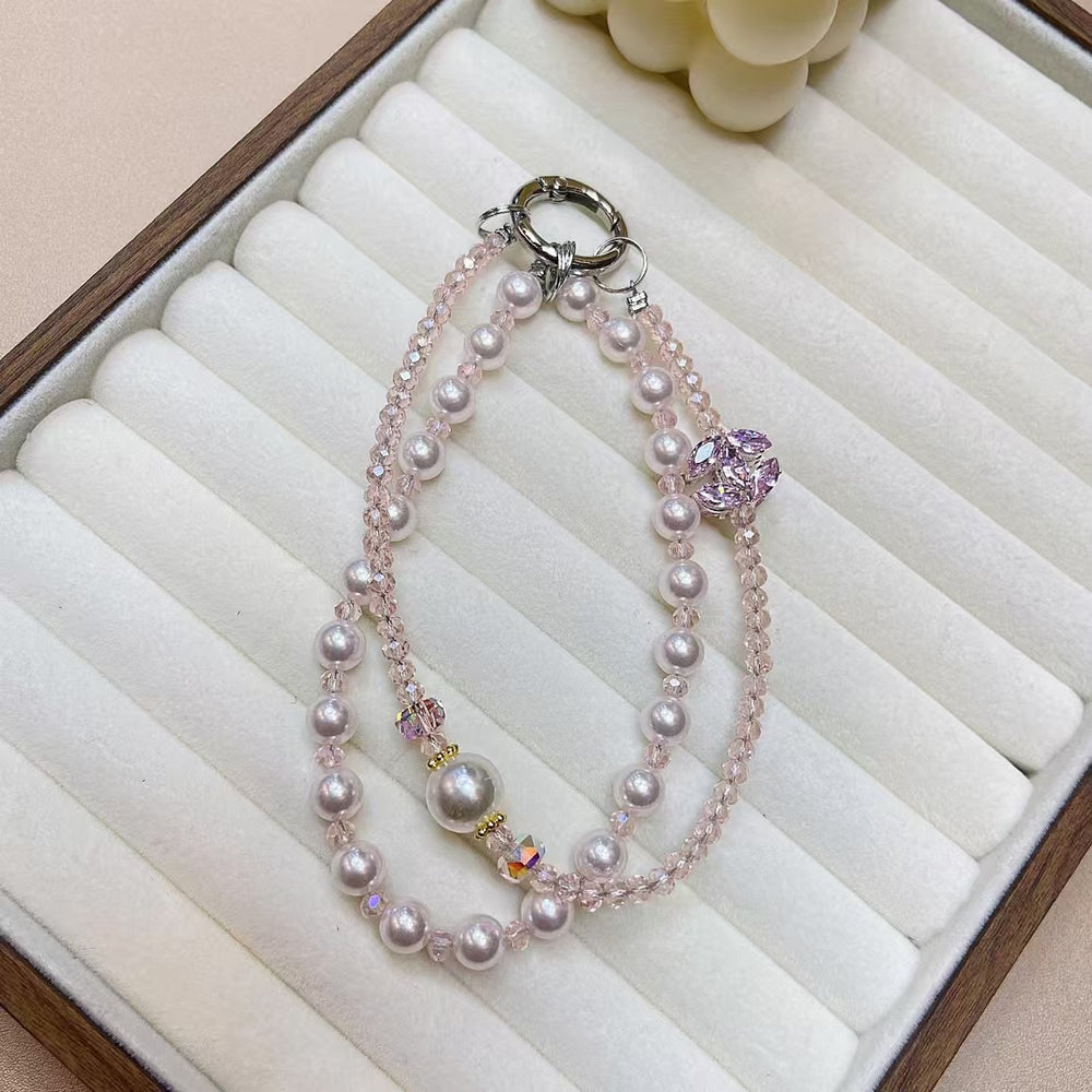 Women's mobile phone chain creative insfashion mobile phone pendant diy handmade pearl crystal rhinestone double chain lanyard new arrival