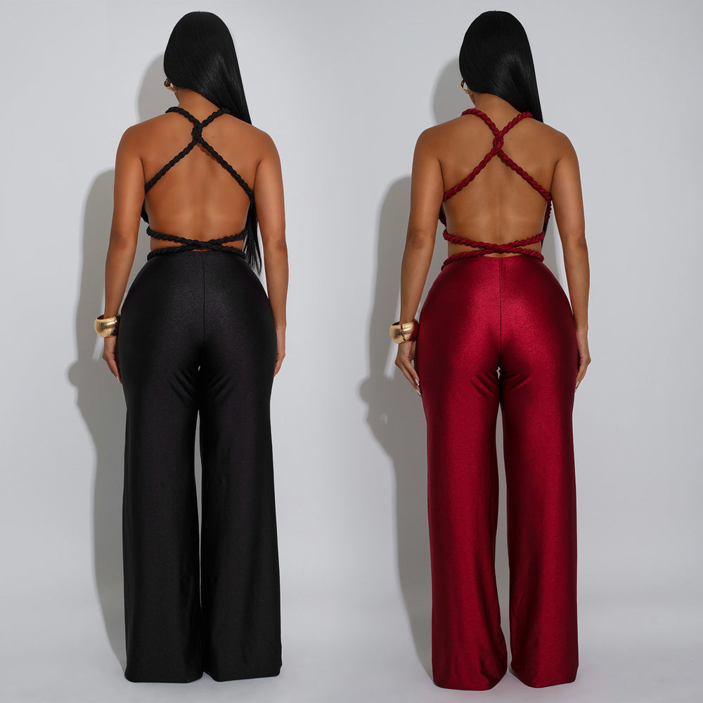 C7557 cross-border   fashion women's solid color sexy bandeau backless tie-up jumpsuit