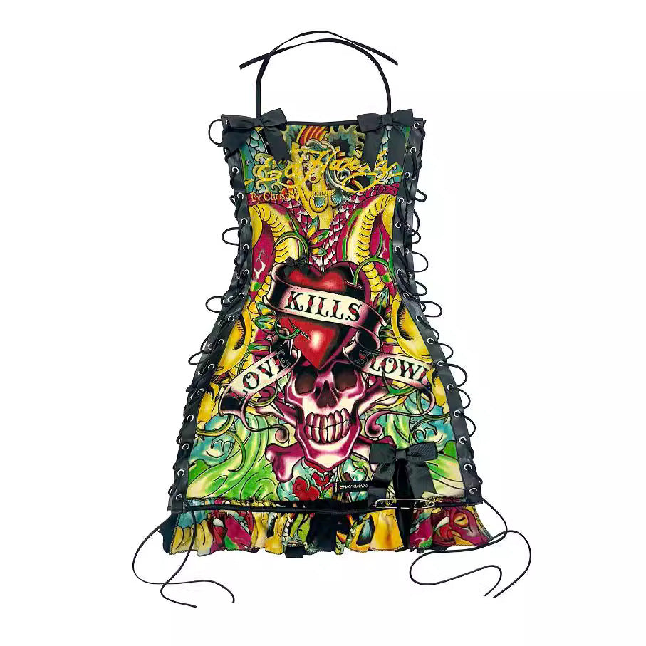 fashion cross-border retro halloween skull positioning printed oil painting drawstring tube top suspender dress