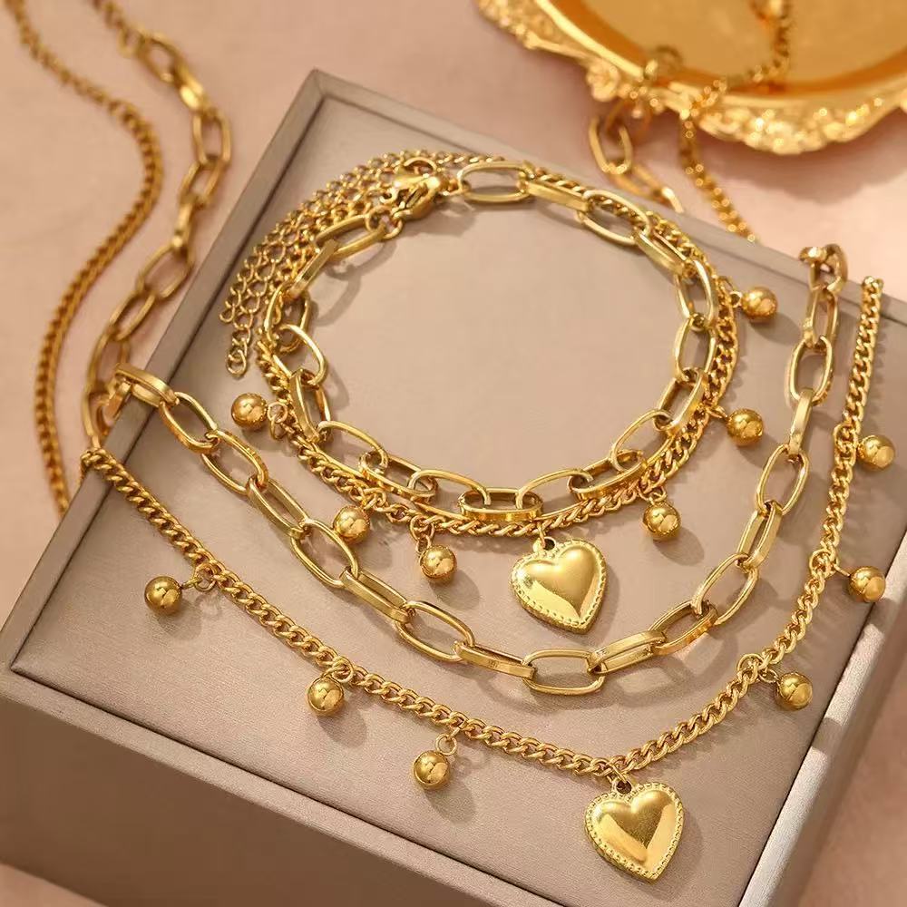 Stainless steel european and american style heart bead double layer necklace and bracelet set - premium women's jewelry