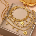 Stainless steel european and american style heart bead double layer necklace and bracelet set - premium women's jewelry