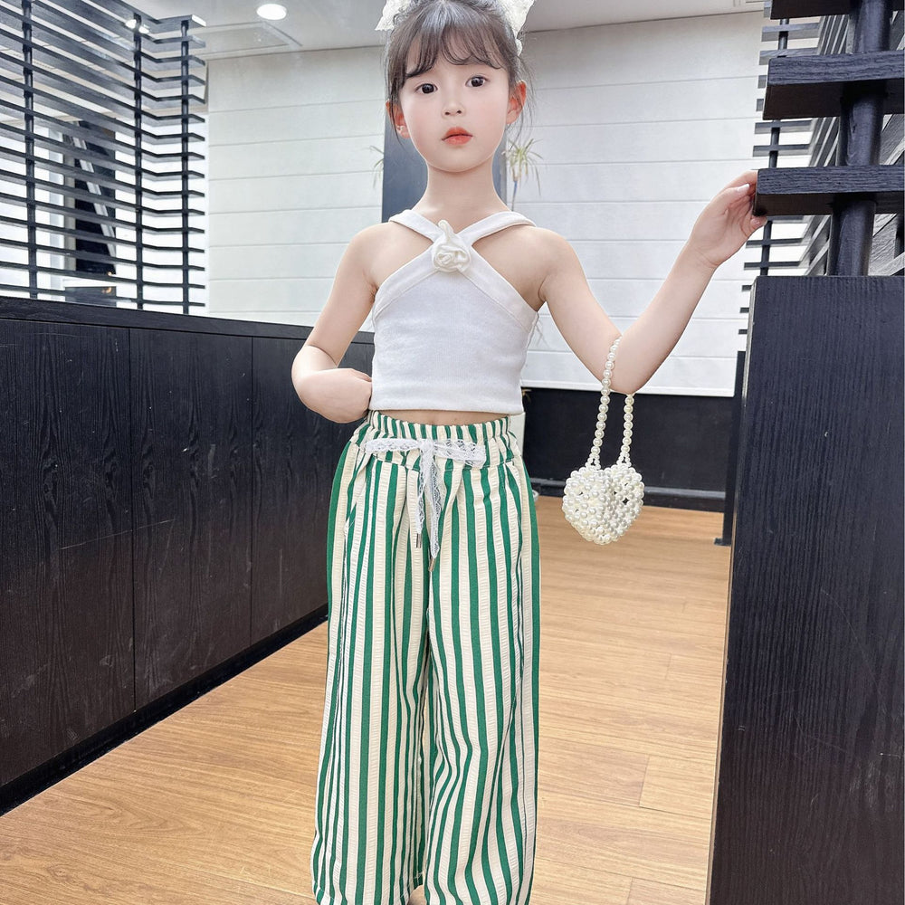 Girls' pants  new korean style kids striped lace waistband loose wide leg pants girls summer straight leg trousers
