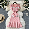 summer women's chic chanel-inspired v-neck knit dress: slimming, figure-hugging, short-sleeve, bodycon fishtail mini dress