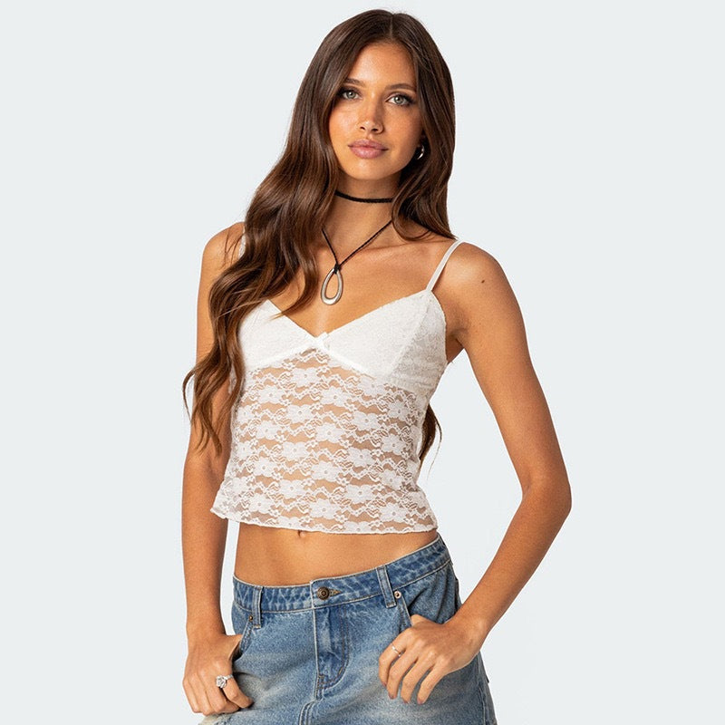 V-neck camisole top with a bow detail at the chest, slim-fit, sheer, sexy, open-back design. new spring  collection, wholesale for export