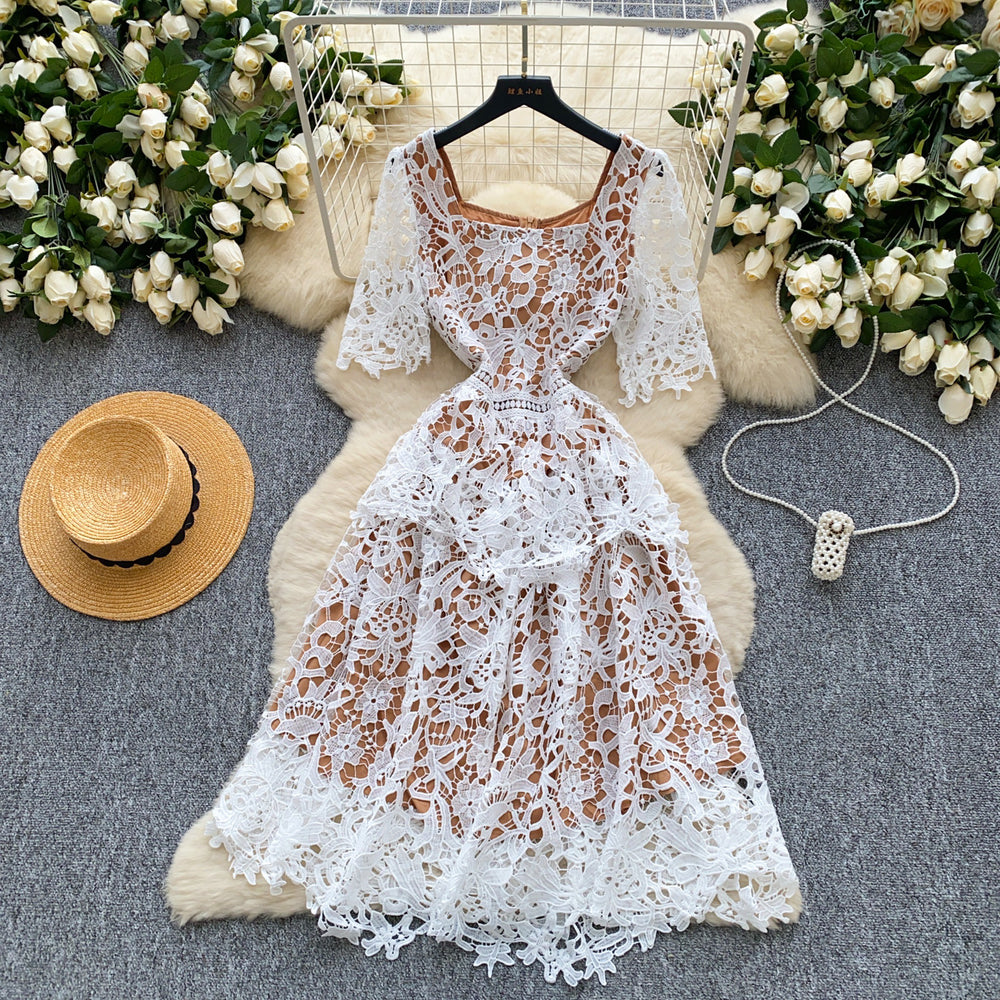 summer french high-end women's formal dress - luxury intricate crochet lace short-sleeve fitted midi dress