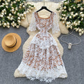 summer french high-end women's formal dress - luxury intricate crochet lace short-sleeve fitted midi dress