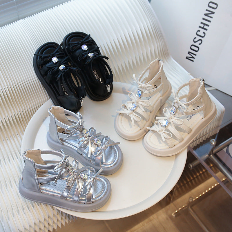 Children's Roman sandals 2025 summer new Korean version girls rhinestone bow princess shoes soft-soled beach shoes