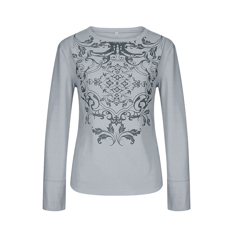 autumn new european and american fashion women's printed waffle knit crew neck pullover casual base layer top
