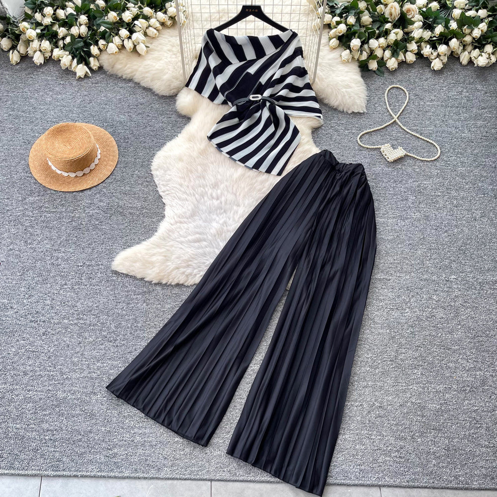 Light mature style stripestopshigh waistpleatedloose pants women's summerasymmetricalslimming lookeleganttwo-piece setwork clothing