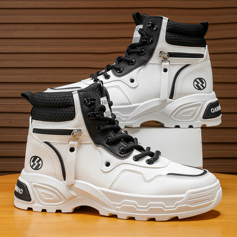 High-top men's shoes springcasualhiking sports non-slipworkwear shoes leather waterproofthick solewhiteboots