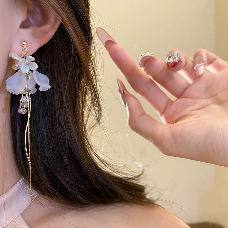 French romantic long floral tassel earrings - luxurious, elegant, and chic. a statement piece for the modern woman