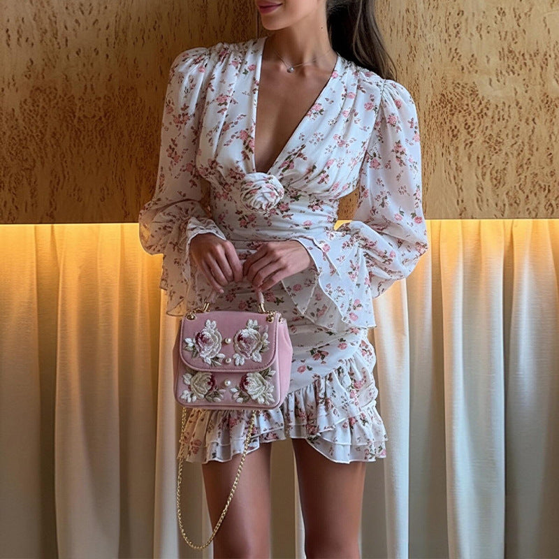 summer new arrivals: cross-border european & american women's fashion - french vintage floral print v-neck long sleeve cinched waist mini dress