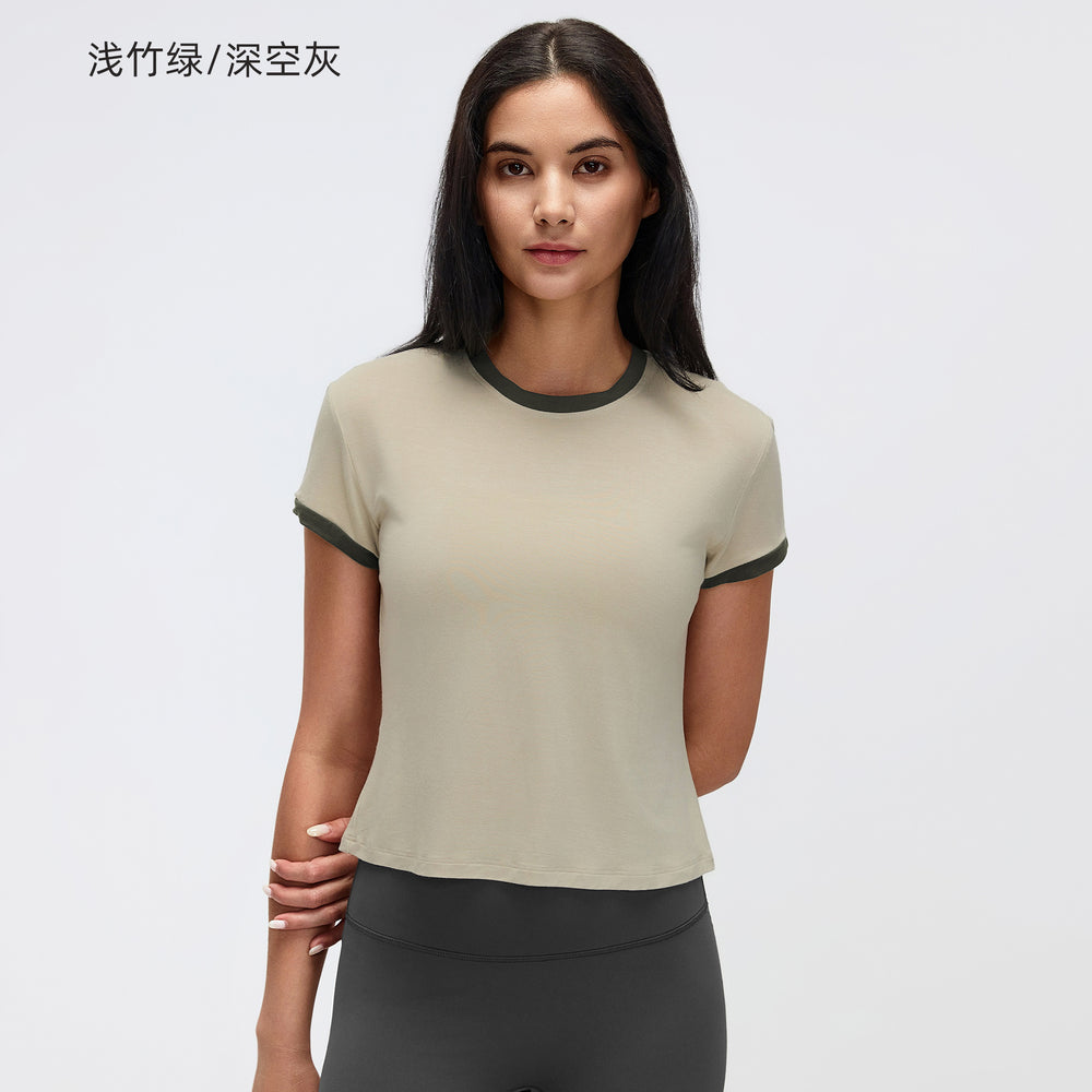 Color block shoulder cropped activewear tee - women's summer solid color crew neck sports yoga top d26053